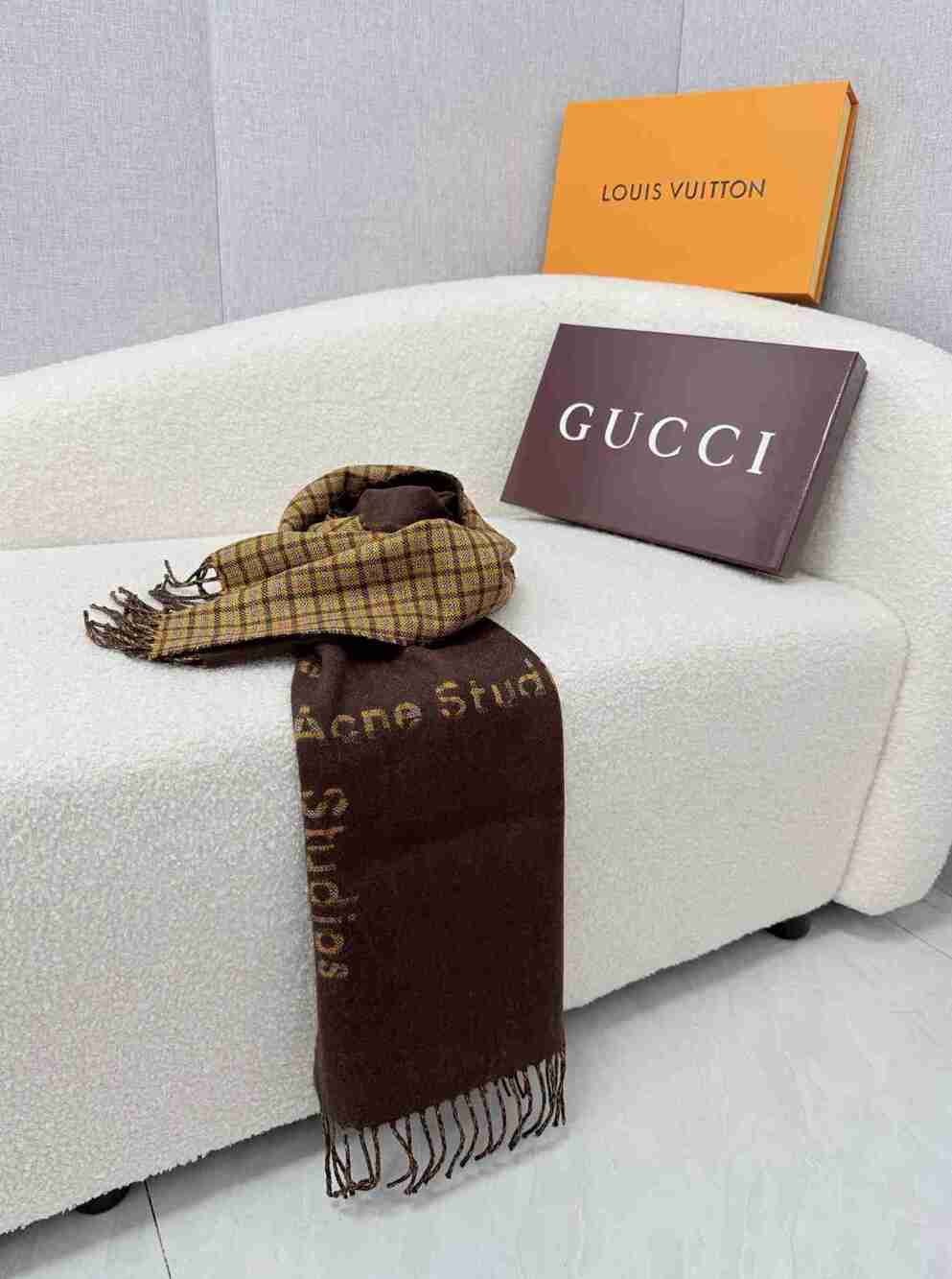 Acne Studios Reversible Brown Plaid Wool Scarf